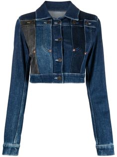 navy blue stretch-cotton pointed flat collar front button fastening long sleeves buttoned-cuff sleeves straight hem cropped Pointed Flat Collar, Moschino Jeans, Designer Jackets, Flat Collar, Knee Length Shorts, Versace Outfit, Black Tweed, Airport Fashion, Denim Jackets