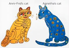 an image of two cats that are painted with different colors and designs on them, one is blue and the other is yellow