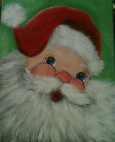 a painting of a santa claus with big blue eyes and red hat on green background