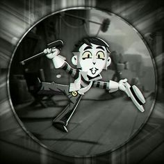 a black and white photo of a cartoon character holding a baseball bat in his hand