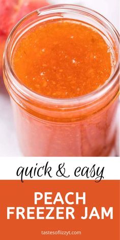 peach freezer jam in a mason jar with text overlay