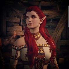 a woman with long red hair wearing a costume in a video game, looking at the camera