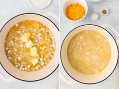 two pictures showing the process of making soup