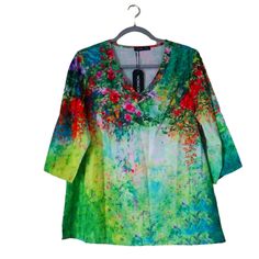 3/4 Sleeve Colorful Floral Top Cotton Blend 0032 Multicolor Half-sleeve Blouse For Fall, Green Half Sleeve Blouse For Summer, Green Half-sleeve Top For Vacation, Green Printed Half Sleeve Blouse, Green Half Sleeve Tops For Vacation, Green Half Sleeve Top For Vacation, Multicolor Half Sleeve Blouse For Summer, Green Half-sleeve Blouse For Spring, Vibrant Green Floral Print Blouse