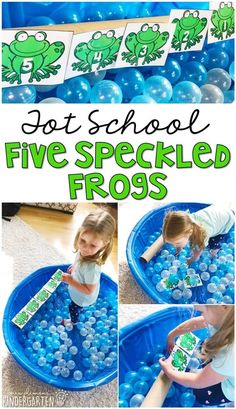 a collage of pictures showing how to make a frog pond with balloons and streamers