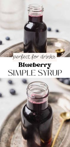 blueberry simple syrup recipe in a glass jar and on a plate with spoons