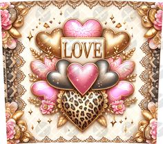 a valentine's day card with hearts, flowers and leopard print on the front