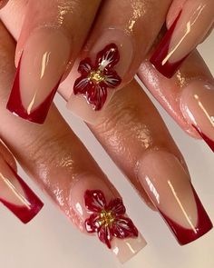 Fall Nails Ideas Autumn Designs, Red Themed Nails Acrylic, Red Nail Designs Natural Nails, Red Nail Designs Coffin Shape, Nails Acrylic Designs Red, Red Nails Square Design, Red Nails Acrylic Almond Design, Summer To Autumn Nails, Coffin Nails Designs French Tip