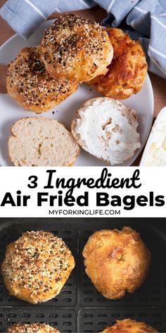 three different types of breads and pastries on a grill with the words 3 ingredient air fried bagels