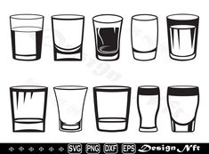 six glasses with different shapes and sizes, each filled with liquid or water clipart