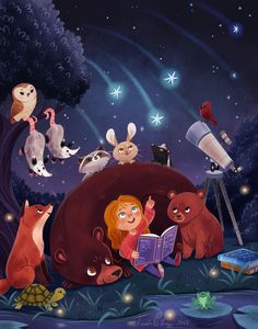 there is a girl reading a book in the forest with animals and stars above her