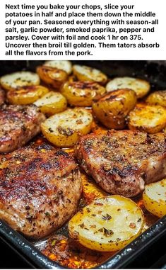 some meat and potatoes are cooking on the stove top with words describing how to cook them