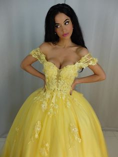 Neckline: Off-the-ShoulderSilhouette: Ball GownBuilt-in Bra: YesSleeve: SleevelessWaist: NaturalBack Style: Lace UpHemline/Train: Sweep/Brush Train Yellow Sleeveless Evening Dress For Banquet, Yellow Ball Gown Dress For Debutante Ball, Yellow Ball Gown For Debutante Ball, Fitted Yellow Dress For Debutante Ball, Yellow Fitted Dress For Debutante Ball, Blue Mermaid Prom Dress, Tulle Applique, Dress Satin Bridesmaid, Train Dresses