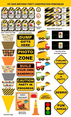 construction birthday party printables for kids with dump trucks, signs and traffic cones