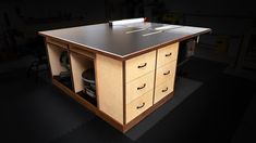 a workbench with several drawers and tools in the drawer area on top of it