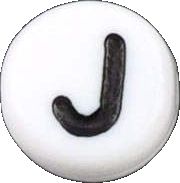 a black and white button with the letter j on it