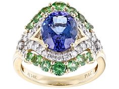 Park Avenue Collection® 2.50ct 10x8 oval shaped tanzanite surrounded by .93ctw of round tsavorite garnet and .51ctw round white diamond, 14k yellow gold center design ring. Measures approximately 3/4"L x 3/4"W and is sizeable. Contains white rhodium around white diamonds. Green Tanzanite Multi-stone Jewelry, Tsavorite Garnet, Tanzanite Gemstone, Quality Jewelry, Cultured Pearls, White Diamond, Gemstone Colors, Yellow Gold Rings, Diamond White