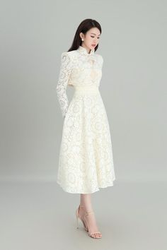 Winter Dresses With Lace Collar, Elegant Lace Dress For Spring, Elegant Spring Lace Dress, Chic Fall Dress With Lace Collar, Chic Beige Long Sleeve Lace Dress, Spring Formal Dress With Lace Sleeves, Evening Lace Dress With Long Sleeves And Lace Collar, Long Sleeve Beige Lace Dress With Patchwork, Long Sleeve Lace Dress With Lace Collar For Evening