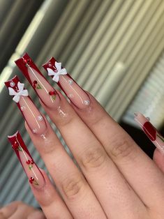 Red Pink Gold Nails, Red And Gold Nails Simple, Simple December Nails, Birthday Nail Set Ideas, Pink Gold Nails, Red And Gold Nails, Long Almond Nails, Long Square Nails, Cow Nails