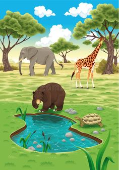 an elephant and giraffe are standing in the grass next to a small pond