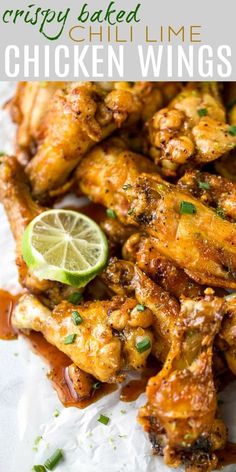 crispy baked chicken wings with lime on the side