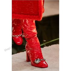 VCshoes Yellow Patent Leather Chain Rivets Decor Square Toe Boots Slip On Women Shoes Chunky High Heels Fashion Zapatos Para Mujere As Picture 1-35 Shoes Chunky, Heels Fashion, Square Toe Boots, Chunky High Heels, Toe Boots, Fashion High Heels, Leather Chain, Rivets, Patent Leather