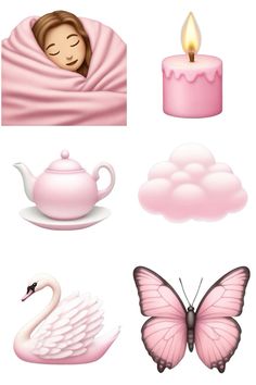 a set of pink objects including a teapot, candle and a swan on a white background