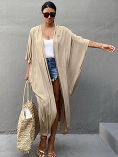 Color: khaki beach cover up, Size: One Size Cover Up Kimono, Kimono Women, Sunscreen Clothing, Simple Tank Tops, Tunic Dresses, Beach Blouse, Bohemian Tunics, Bathing Suit Dress, Beach Kimono