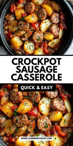 crockpot sausage casserole in a slow cooker with text overlay