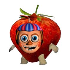 an image of a cartoon character with big eyes and a hat on top of a strawberry