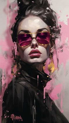 a painting of a woman wearing sunglasses with pink paint splattered on her face