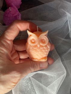 a person holding an owl shaped candle in their hand