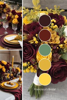 the table is set with yellow, red and green flowers in shades of maroon, orange, gold and white