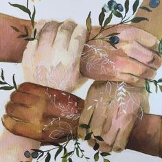 a painting of two hands holding each other with flowers and leaves around them on a white background