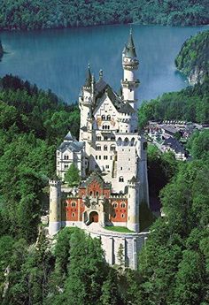 an aerial view of a castle in the middle of a forest with water and trees surrounding it