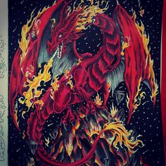 a drawing of a red dragon with yellow flames