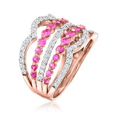 Ross-Simons - 1.00ct t. w. Pink Sapphire, .96ct t. w. Diamond Multi-Row Ring Size 9. A stylish stack - in one sumptuous style! You'll become the topic of conversation wherever you wear this incredible multi-row ring, beautifully adorned with 1.00 ct. t. w. round pink sapphires and .96 ct. t. w. round brilliant-cut diamonds in alternating open-space rows. Crafted in polished 14kt rose gold. 5/8" wide. Diamond and pink sapphire multi-row ring. Sapphire Diamond, Round Brilliant Cut Diamond, Pink Sapphire, Open Space, Round Brilliant, The Row, Sapphire, Ring Size, Size 7