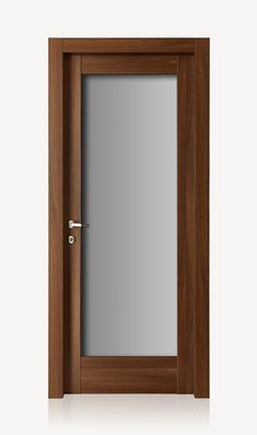 an open wooden door with glass on the inside and outside, against a white background