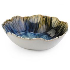 a blue and white bowl on a white background