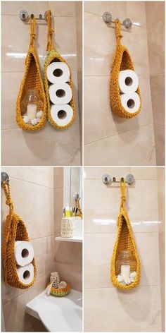 four pictures of toilet paper hanging from the wall in different ways, including one with two rolls of toilet paper on it