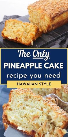 Image of a loaf of pineapple coconut cake and a slice of coconut pineapple cake with a fork in it. Hawaiian Fruit Cake, Coconut And Pineapple Cake, Recipes Using Crushed Pineapple, Recipes Using Fresh Pineapple, Pineapple Cake Ideas, Pineapple Cake Recipe Easy, Crushed Pineapple Recipes Desserts, Fresh Pineapple Recipes Dessert, Pineapple Cake Easy