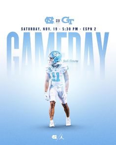 a football player standing in front of a blue background with the words game day on it