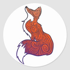 an orange and purple fox sitting on top of a white circle sticker with swirly lines