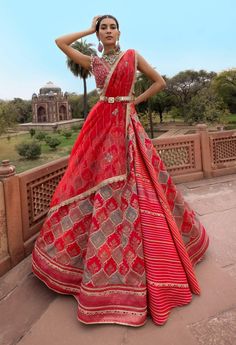 This exquisite banarasi lehenga features a peek-through panel that adds a contemporary touch to the ogee pattern, adorned with delicate floral motifs for a stunning overall design. Paired with an embroidered V-neck blouse, it is complemented by a light organza side-draped dupatta, enhancing the elegance of the ensemble. The look is beautifully finished with our signature AG belt, adding a refined touch to this captivating piece. Flare Lehenga, Aditi Gupta, Chanderi Lehenga, Designer Bridal Lehenga Choli, Ogee Pattern, Embellished Belt, Model Outfit, Embroidered Dupatta, Silk Lehenga