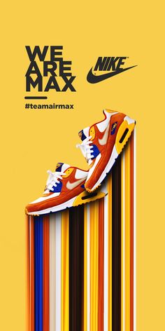 an advertisement for the nike air max is shown in multicolored stripes and black, yellow