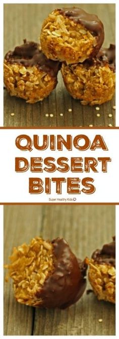 chocolate covered oatmeal dessert bites with the words quinoa desert bites