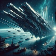 a sci - fi ship floating in the ocean surrounded by other ships