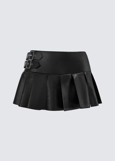 A high-waisted black leather mini skirt featuring sharp pleats and double buckle details on the side, blending edgy punk vibes with a flirty silhouette. The structured design adds a bold touch, perfect for a statement look. 55% viscose 45% PU Model wears a size 'S' We advise to size up Black Leather Mini Skirt, Structured Design, Leather Mini Skirt, Leather Mini Skirts, Skirts For Sale, Leather Mini, Alternative Fashion, Blending, Mini Skirt