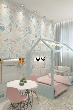 a child's room decorated in pastel colors