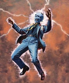 a painting of a man in blue jumpsuit with lightning behind him